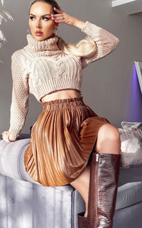 Camel Faux Leather Ruche Pleated Mini Skirt One Size Small/Medium