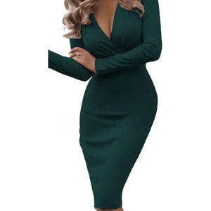 Women's Deep V-Neck Long Sleeve Ruffle Dress - Image Diva