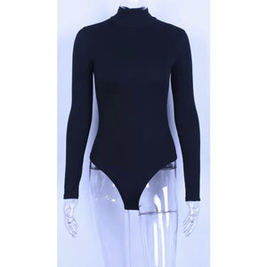 Women's Image Diva Knitted Bodysuits Romper Long Sleeve Turtleneck Bodycon Solid Black - Image Diva