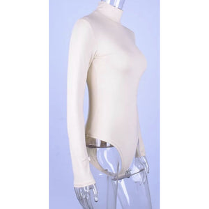 Image Diva Women's Solid Beige Knitted Bodysuits Romper Long Sleeve Turtleneck Bodycon Bodysuit - Image Diva