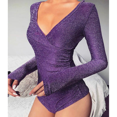 Women's Image Diva Sexy Bling Long-sleeve V-neck Bodysuit Romper (Black and Purple Available) - Image Diva